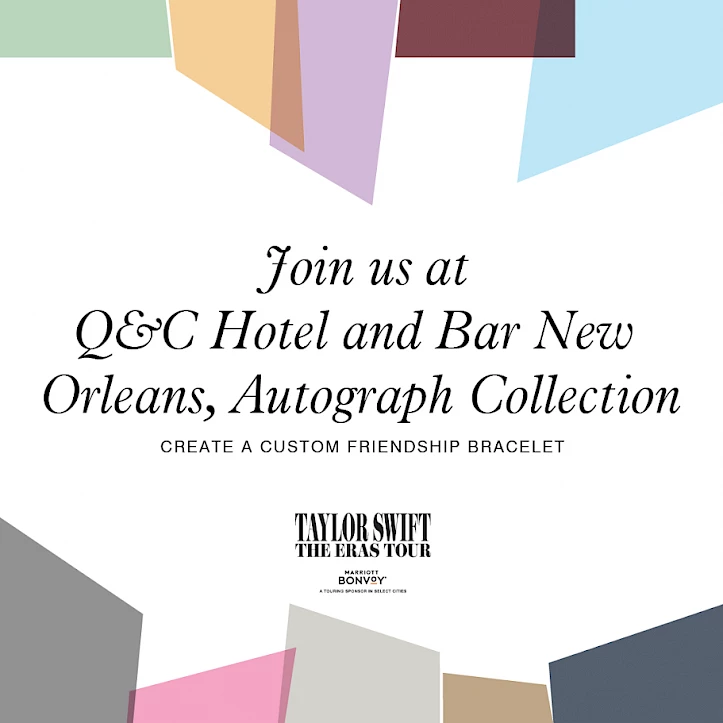 Invitation to Q&C Hotel and Bar New Orleans for custom friendship bracelet making, Taylor Swift: The Eras Tour themed.