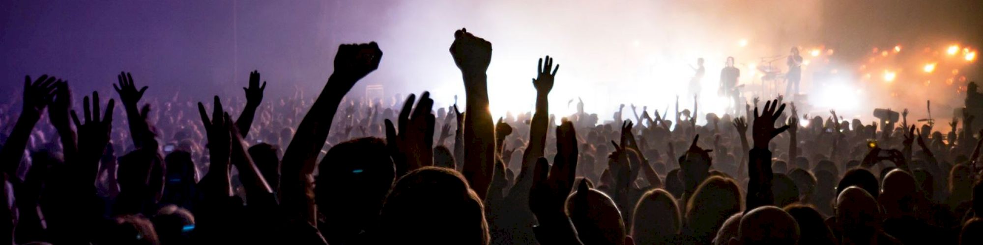 A crowd of people at a concert with their hands raised in the air, lit by colorful stage lights and surrounded by a lively atmosphere.