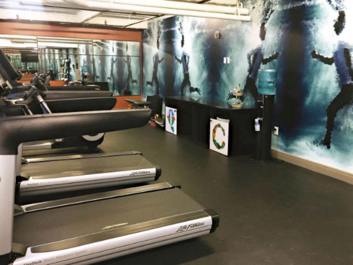 A gym with several treadmills, mirrored walls, and vibrant wall art featuring silhouetted figures in motion is shown in the image.